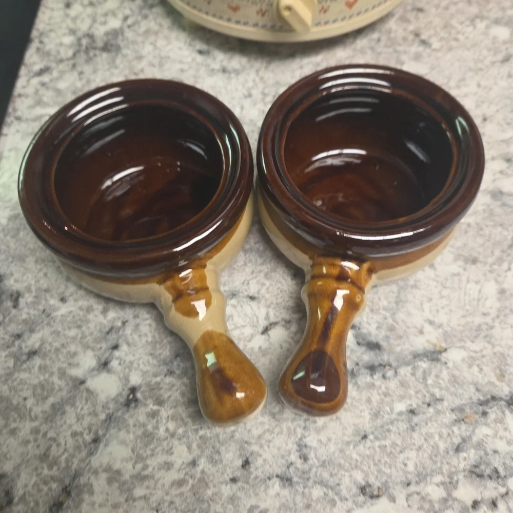 Two Stoneware Ceramic Soup Bowls With Handles And Lids - Vintage